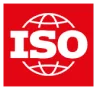 ISO logo: White letters ISO in bold on a red background, with a white outlined globe behind the text, representing the International Organization for Standardization.