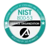 A circular teal and white badge displays NIST 800-53 at the center, SERVICE ORGANIZATION below, and National Institute of Standards and Technology around the top edge. A logo is at the bottom.