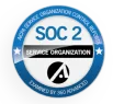 A circular SOC 2 compliance badge with blue outer ring and stars, displaying SOC 2 and SERVICE ORGANIZATION in the center, along with a black and white logo and the text EXAMINED BY 360 ADVANCED.