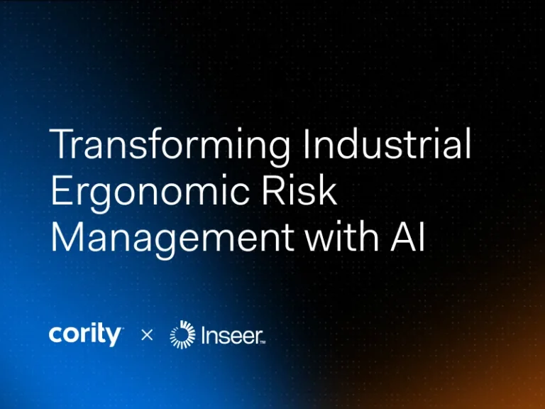 White text on a gradient background reads Transforming industrial ergonomic risk management with AI. Logos for Cority and Inseer appear at the bottom.