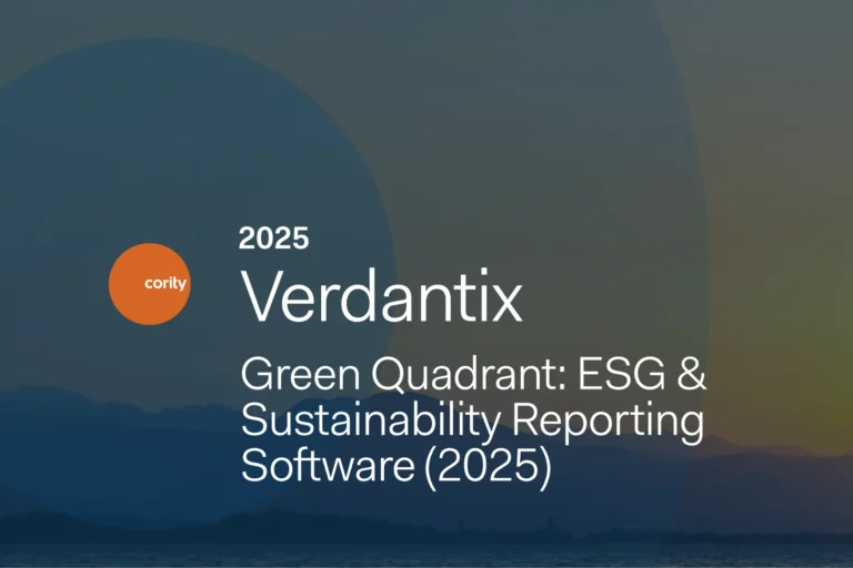 A graphic with a sunset over mountains and water, featuring the text 2025 Verdantix Green Quadrant: ESG & Sustainability Reporting Software (2025) and the Cority logo. Highlights leading ESG solutions in the Verdantix Green Quadrant.