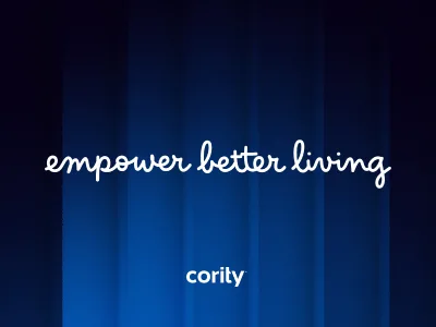White handwritten text reads empower better living on a dark blue background with vertical gradient stripes, evoking a focus on Total Worker Health. Below, cority is written in lowercase white letters.