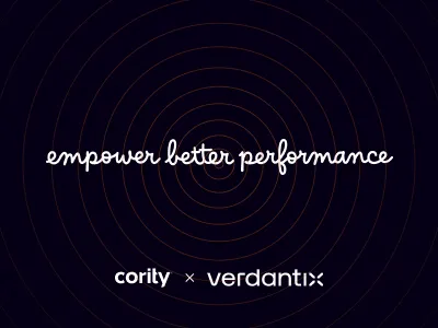 White handwritten text reads “empower better performance” on a dark background with concentric circles, referencing EHS software consolidation. Below, white logos for “cority” and “verdantix” are separated by an x.