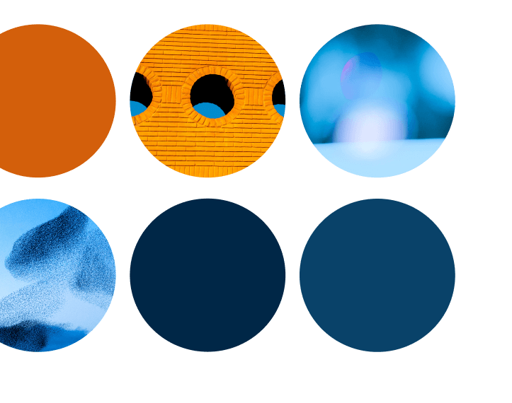 Six circles in two rows; top row: solid orange, Cority-inspired orange brick pattern with holes, blurred blue image; bottom row: abstract blue pattern, solid dark blue, and Enviance dark blue on a black background.