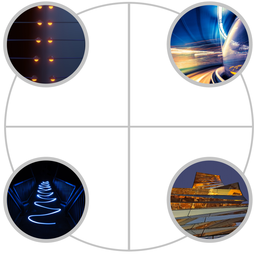 A four-section circular diagram features Cority: server lights, light trails from moving vehicles, a blue zigzag light pattern in a hallway, and a modern building with golden lighting. The center is blank.