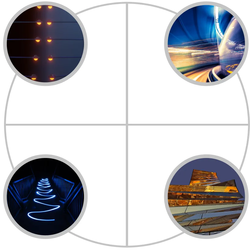 A four-section circular diagram features Cority: server lights, light trails from moving vehicles, a blue zigzag light pattern in a hallway, and a modern building with golden lighting. The center is blank.