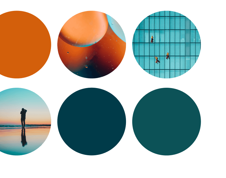 Six circles are arranged in two rows. The top row has an orange circle, an abstract orange image, and people cleaning a glass building—reflecting the Cority Family spirit. The bottom row shows a person at the beach and two dark teal circles.