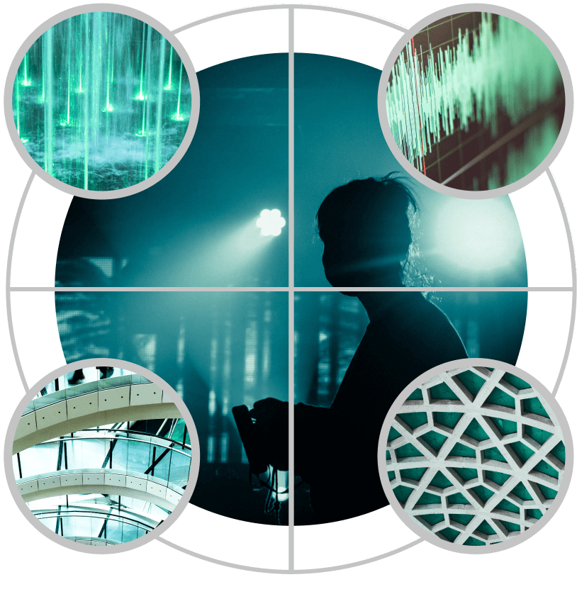 A silhouette of a person holding equipment is centered, surrounded by four circular images: green water streams, a soundwave, an arched glass ceiling, and geometric white lattice patterns—a visual tribute to the Cority Family Cohort on a white background.