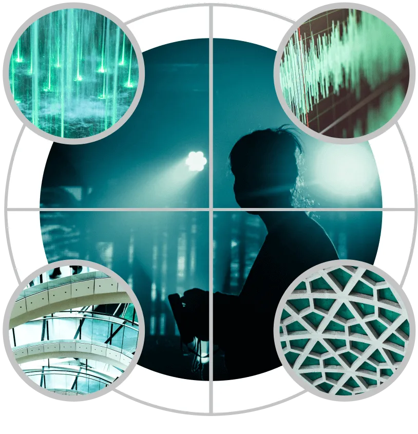 A silhouette of a person holding equipment is centered, surrounded by four circular images: green water streams, a soundwave, an arched glass ceiling, and geometric white lattice patterns—a visual tribute to the Cority Family Cohort on a white background.