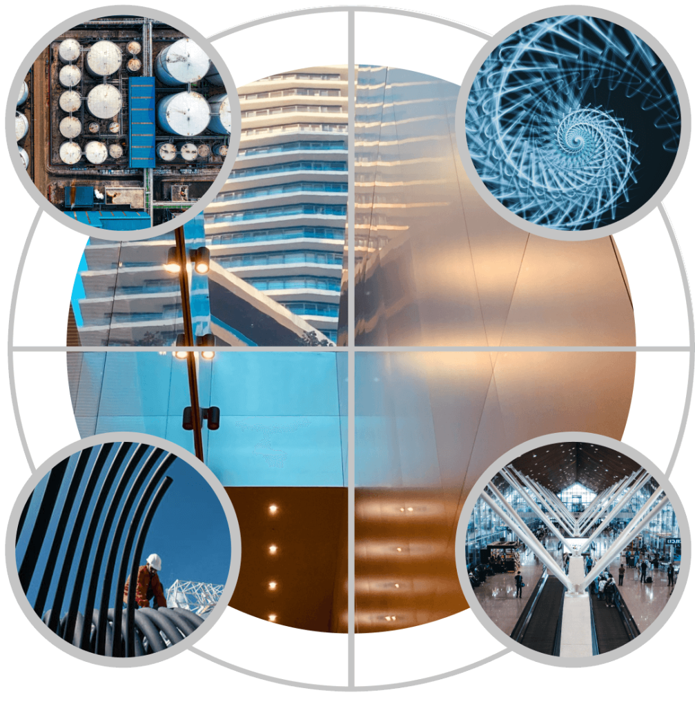 A collage of five modern architectural photos—rounded tanks, spiral staircase, layered building, person near curved beams, and a spacious atrium—all within circular frames and divided by white grid lines, inspired by IQS design principles.