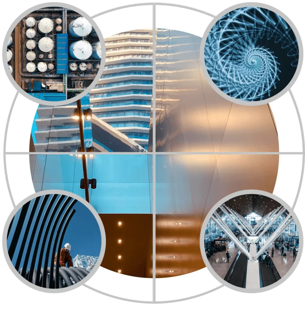 A collage of five modern architectural photos—rounded tanks, spiral staircase, layered building, person near curved beams, and a spacious atrium—all within circular frames and divided by white grid lines, inspired by IQS design principles.