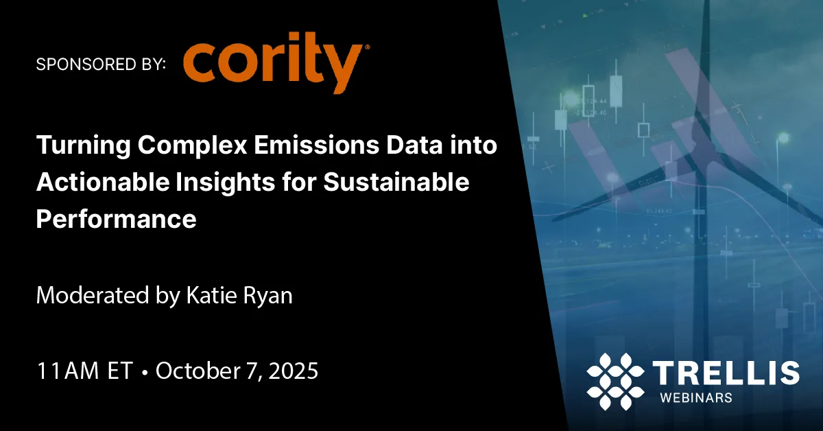 Webinar promo image: Transforming complex emissions data into actionable insights for sustainable performance, sponsored by Cority and moderated by Katie Ryan, October 7, 2025, 11AM ET. Wind turbines and data graphics in background.