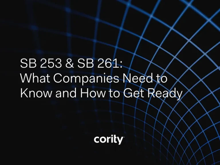 White text on a dark, grid-patterned background reads: SB 253 & SB 261: What Companies Need to Know and How to Get Ready for company compliance. The word cority appears below the main text.
