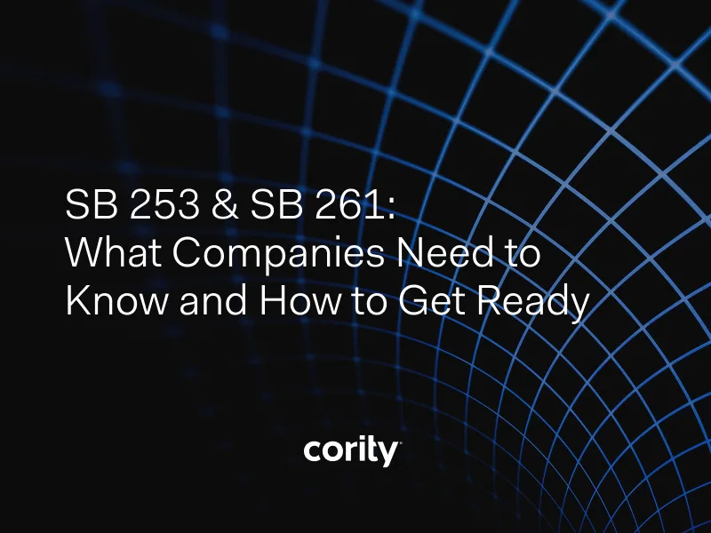 White text on a dark, grid-patterned background reads: SB 253 & SB 261: What Companies Need to Know and How to Get Ready for company compliance. The word cority appears below the main text.