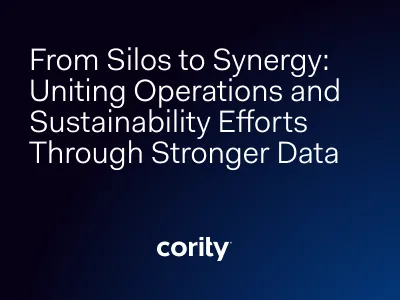 White text on a dark blue gradient background reads: From Silos to Synergy: Uniting Operations and Sustainability Efforts Through Stronger Data. The word cority appears at the bottom.