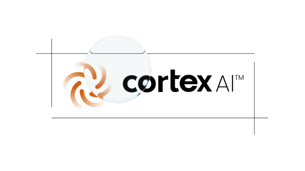 Logo for cortex AI EHS Software featuring a stylized orange swirl on the left and modern black text on the right, displayed on a light background with thin alignment lines.