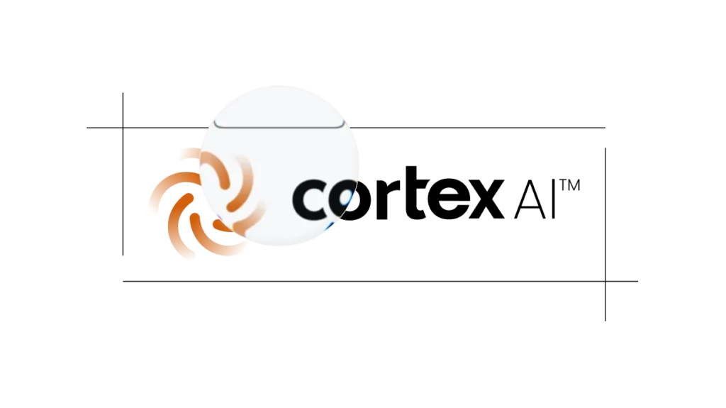 Logo for cortex AI EHS Software featuring a stylized orange swirl on the left and modern black text on the right, displayed on a light background with thin alignment lines.