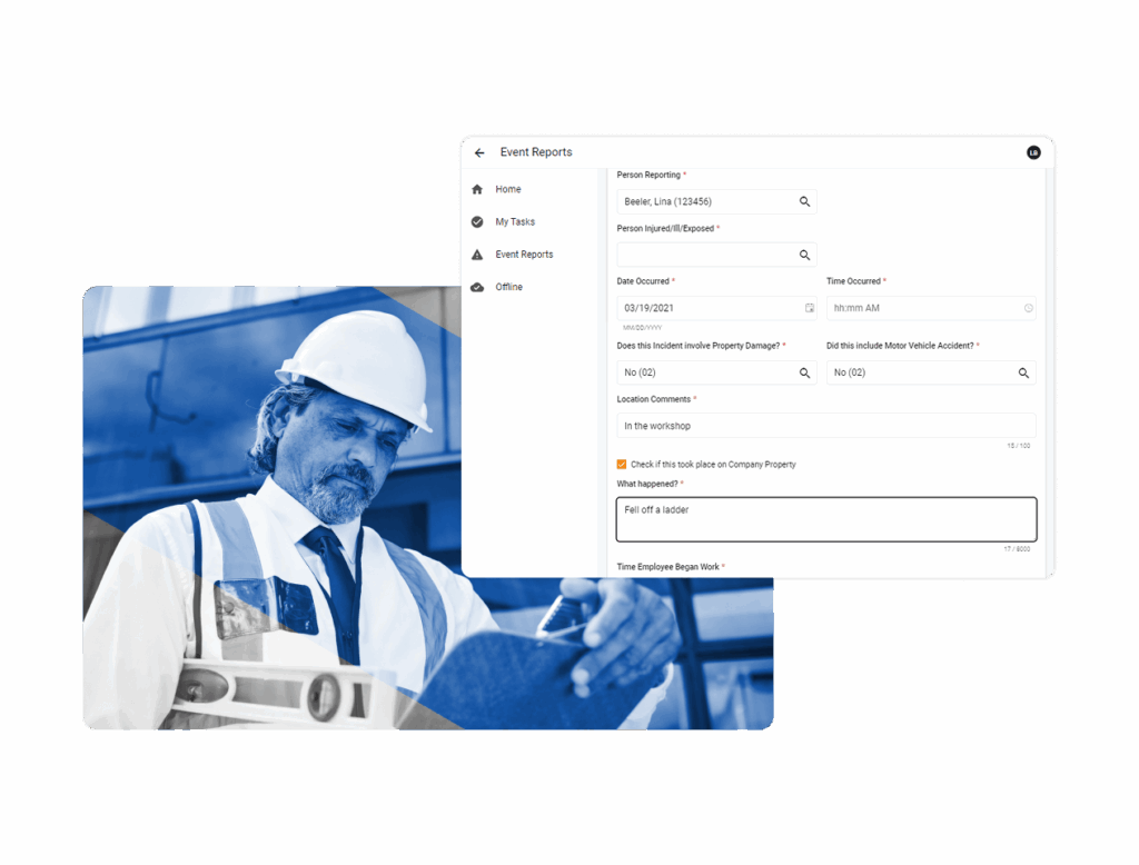 A construction worker in a hard hat examines blueprints, overlaid with a digital incident management report detailing an event where someone fell off a ladder at a worksite.