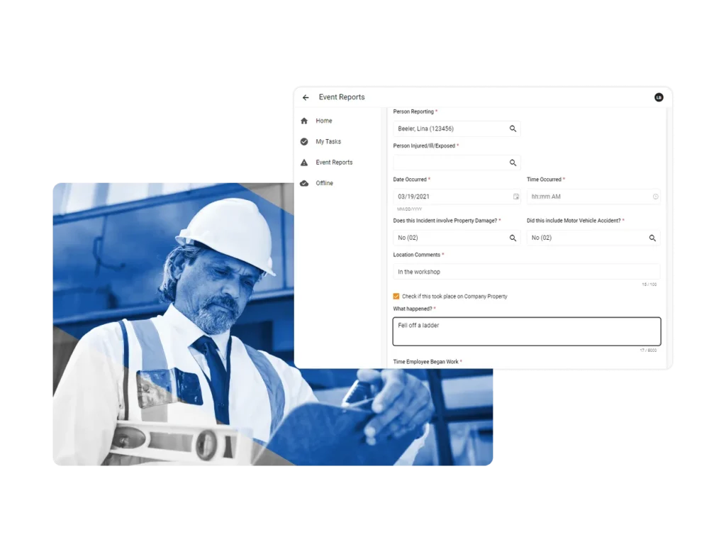 A construction worker in a hard hat examines blueprints, overlaid with a digital incident management report detailing an event where someone fell off a ladder at a worksite.