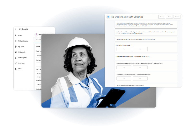 A digital collage shows a woman in a hard hat and safety vest holding a tablet in the foreground, with overlapping screens of digital health and employment records in the background.