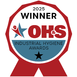 A red and white badge reads 2025 WINNER OHS Industrial Hygiene Awards with a blue star and abstract figure, honoring excellence in industrial hygiene achieved through innovative EHS Software Platform solutions.