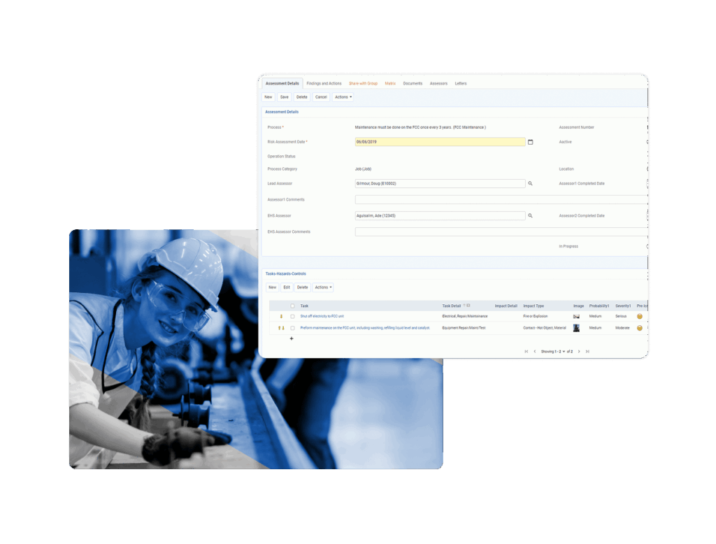 A young woman in safety gear smiles while working in a factory. Overlaid in the upper right is a screenshot of a computer form titled Assessment Details, displaying fields for maintenance and electrical work documentation.