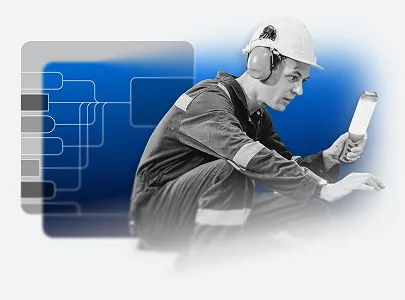 A man wearing a hard hat, coveralls, and ear protection crouches while holding a flashlight, with a graphic design of connected rectangles in the background—symbolizing streamlined safety management with EHS Software.