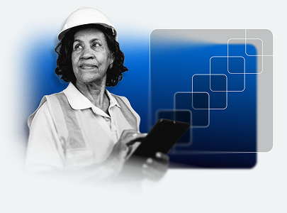 A woman in a hard hat and safety vest holds a tablet, representing the use of EHS Software. Behind her is a blue gradient background with overlapping transparent squares.