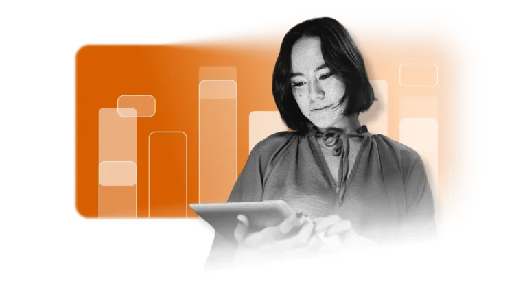 A woman with short dark hair looks at a tablet, with abstract orange and white bar chart graphics—reflecting the power of an EHS Software Platform—in the background.