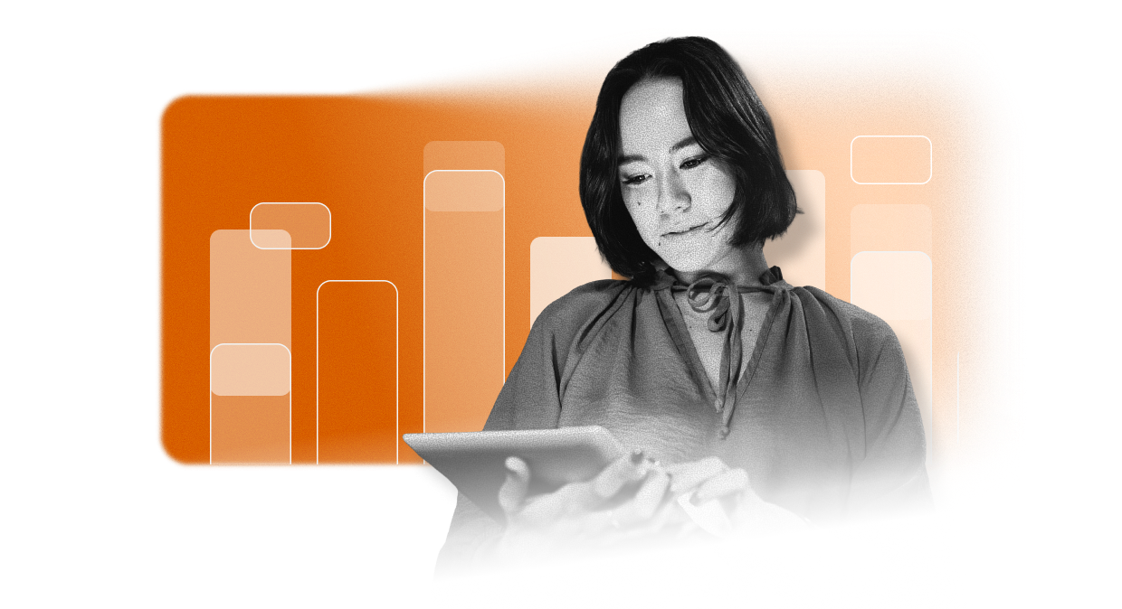 A woman with short dark hair looks at a tablet, with abstract orange and white bar chart graphics—reflecting the power of an EHS Software Platform—in the background.