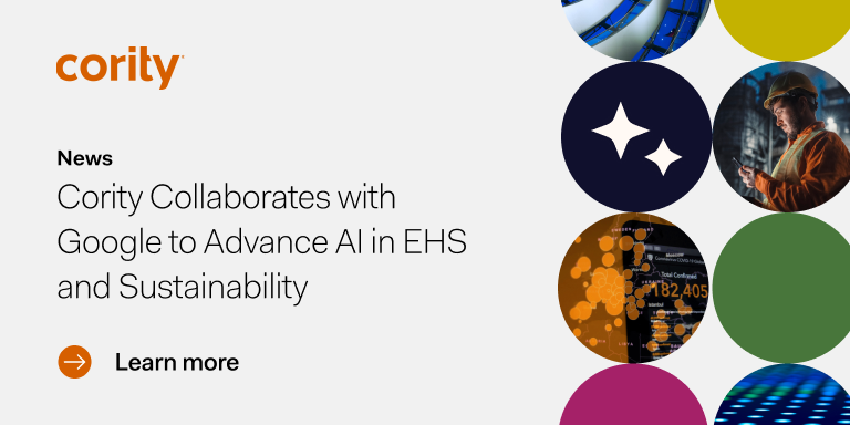 Cority announces collaboration with Google to advance AI in EHS and sustainability, featuring circular images that highlight technology and an expert on the right side.