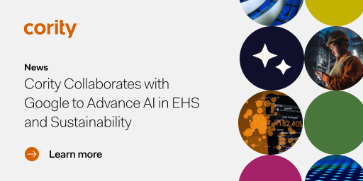 Cority announces collaboration with Google to advance AI in EHS and sustainability, featuring circular images highlighting technology and environmental themes, plus a “Learn more” button on the left.