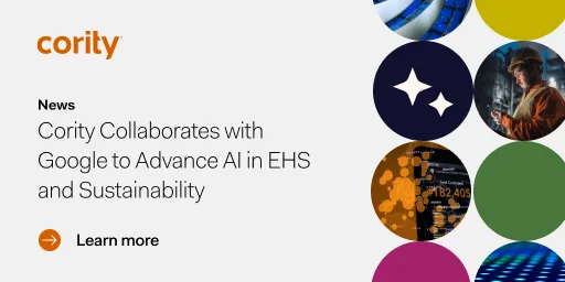 Cority announces collaboration with Google to advance AI in EHS and sustainability, featuring circular images highlighting technology and environmental themes, plus a “Learn more” button on the left.