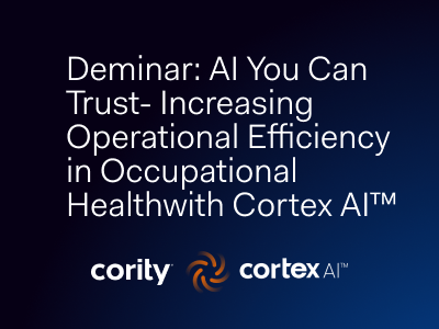 White text on a dark blue background reads, Deminars: AI You Can Trust—Highlighting AI safety and increasing operational efficiency in occupational health with Cortex AI™. Cority and Cortex AI™ logos appear below.