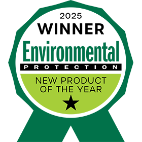 A green award ribbon badge labeled 2025 Winner Environmental Protection New Product of the Year with a black star at the bottom.