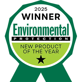 A green award ribbon badge labeled 2025 Winner Environmental Protection New Product of the Year with a black star at the bottom.