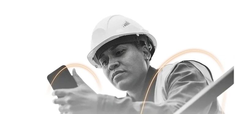 A person wearing a hard hat and safety vest looks intently at a smartphone, appearing focused and engaged, as an EHS AI-powered light arc graphic glows in the background.