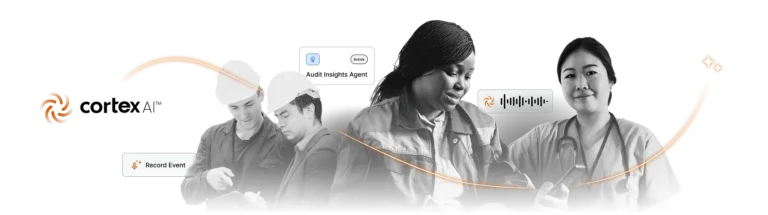 A diverse group of professionals use digital devices, featuring Cortex AI and EHS AI branding with icons for Record Event, Audit Insights Agent, and a soundwave, symbolizing technology assisting various fields.