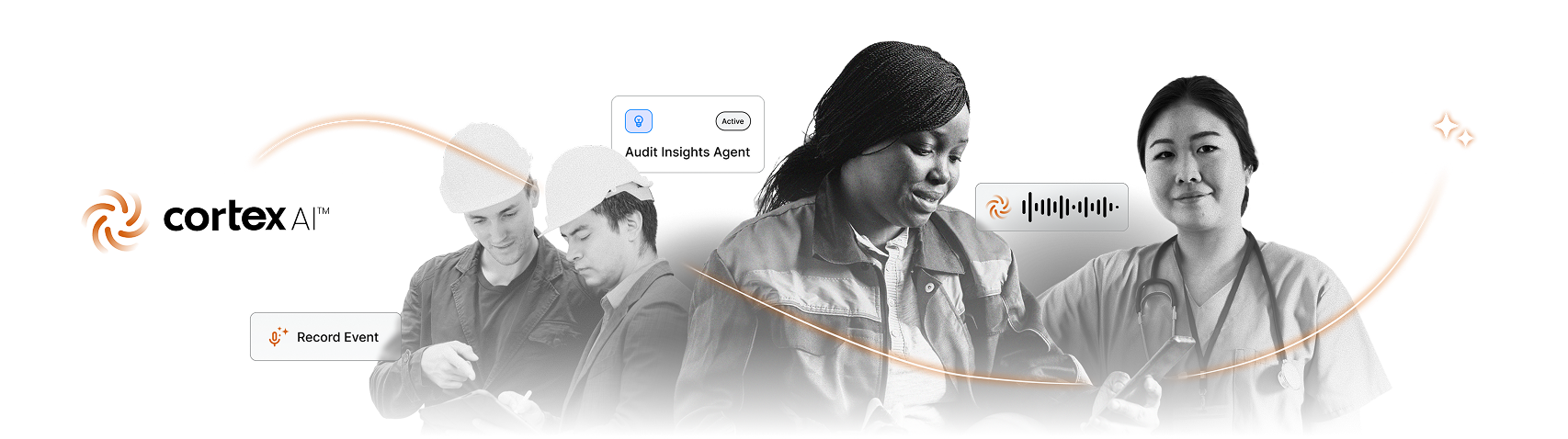 A diverse group of professionals use digital devices, featuring Cortex AI and EHS AI branding with icons for Record Event, Audit Insights Agent, and a soundwave, symbolizing technology assisting various fields.