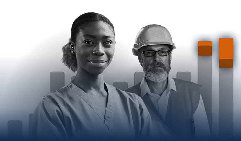 A woman in medical scrubs and a man in a hard hat stand before abstract bar graphs, symbolizing healthcare and construction professionals leveraging EHS Software to enhance workplace safety and compliance.