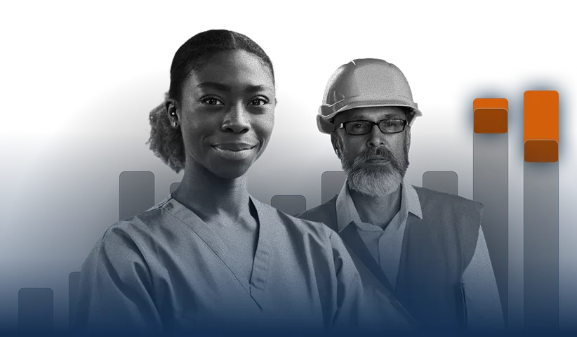 EHS software end users. A woman in medical scrubs and a man in a hard hat stand before abstract bar graphs, symbolizing healthcare and construction professionals leveraging EHS Software to enhance workplace safety and compliance.