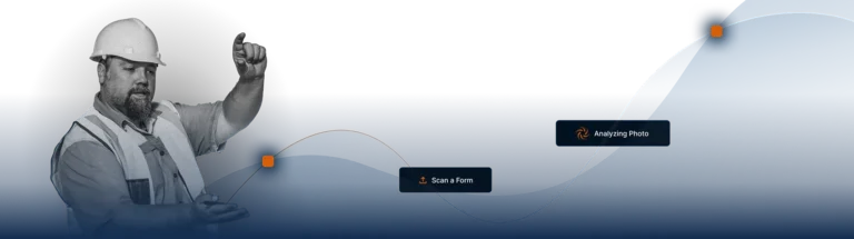 A construction worker in a hard hat gestures with his hands on the left, while icons labeled Scan a Form and Analyzing Photo appear on a blue and white wavy background, highlighting the features of EHS Software.