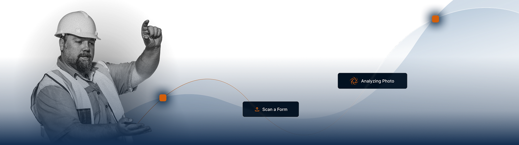 A construction worker in a hard hat gestures with his hands on the left, while icons labeled Scan a Form and Analyzing Photo appear on a blue and white wavy background, highlighting the features of EHS Software.
