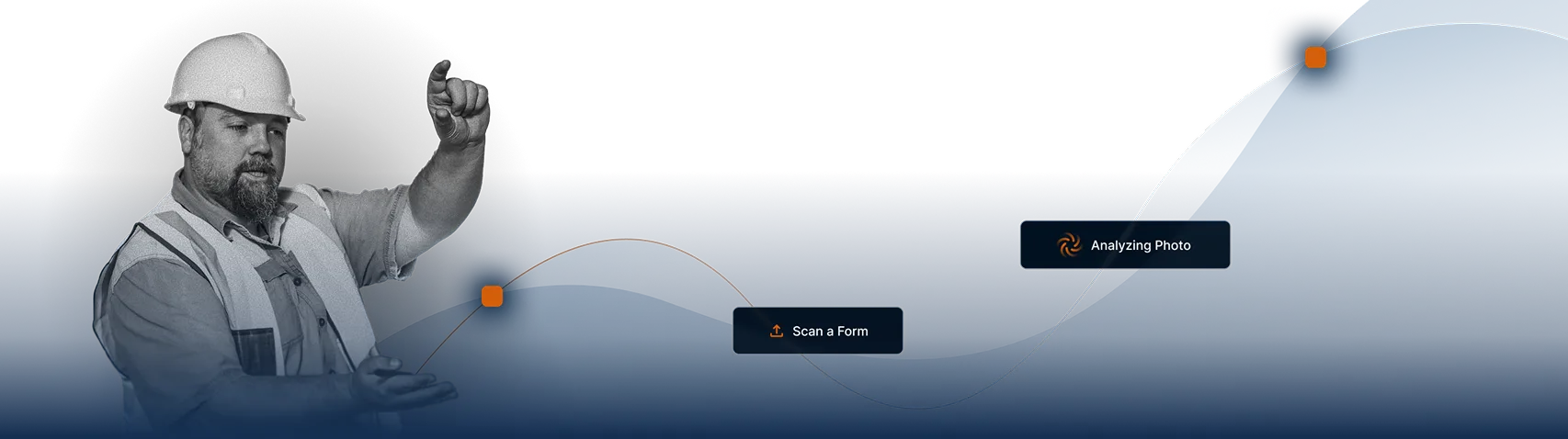 A construction worker in a hard hat gestures with his hands on the left, while icons labeled Scan a Form and Analyzing Photo appear on a blue and white wavy background, highlighting the features of EHS Software.