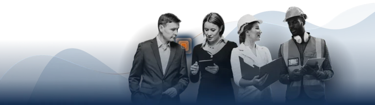 Four professionals stand together: a man in a suit, a woman using a tablet, a woman in a hard hat holding a folder, and a man in a safety vest and helmet—showcasing collaboration powered by EHS Software against a white and blue wavy background.