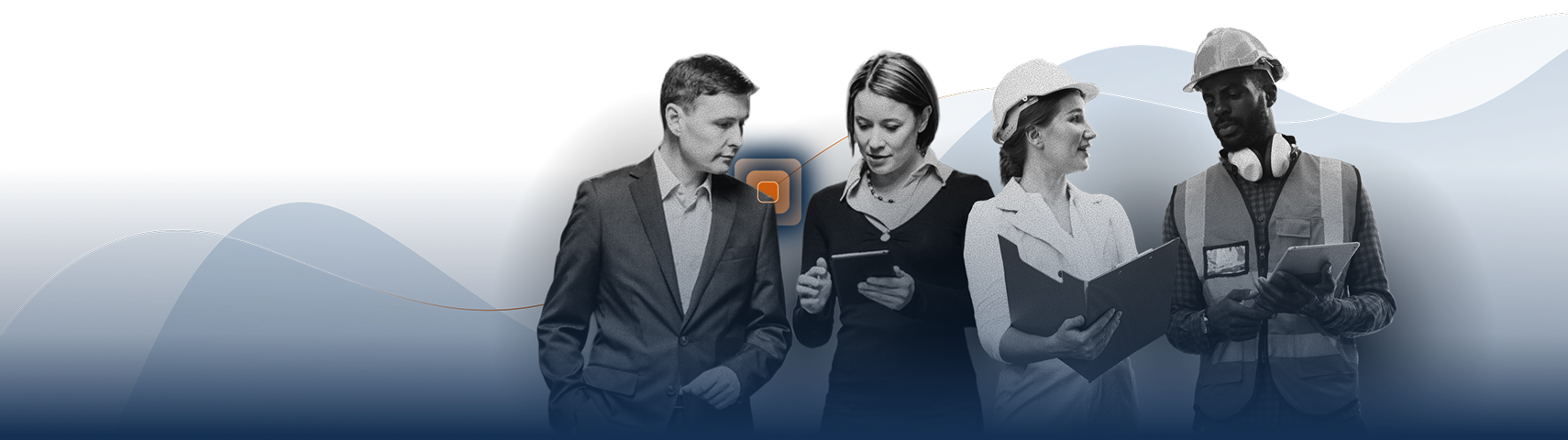 Four professionals stand together: a man in a suit, a woman using a tablet, a woman in a hard hat holding a folder, and a man in a safety vest and helmet—showcasing collaboration powered by EHS Software against a white and blue wavy background.