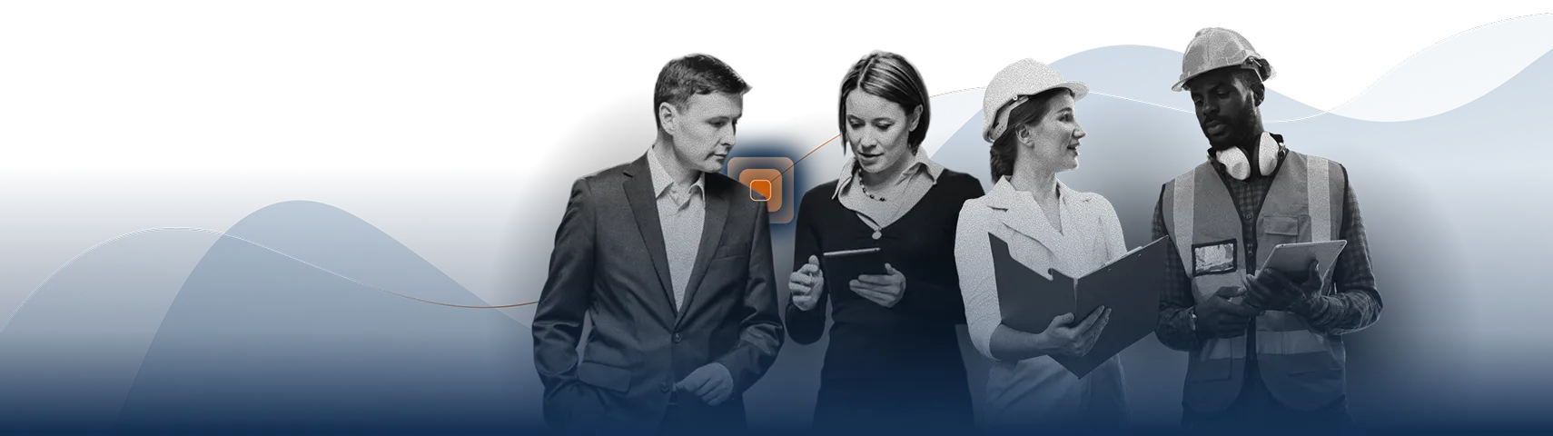 Four professionals stand together: a man in a suit, a woman using a tablet, a woman in a hard hat holding a folder, and a man in a safety vest and helmet—showcasing collaboration powered by EHS Software against a white and blue wavy background.