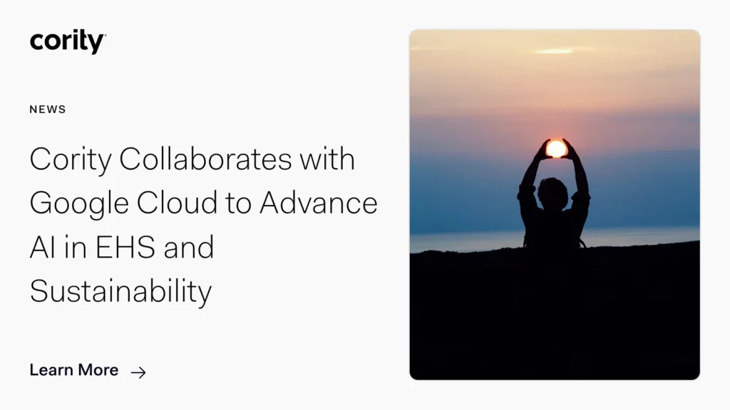 Cority collaborates with Google Cloud to advance AI in EHS and sustainability; silhouette of a person holding up their hands to frame the setting sun against a colorful sky, highlighting innovative EHS software solutions.