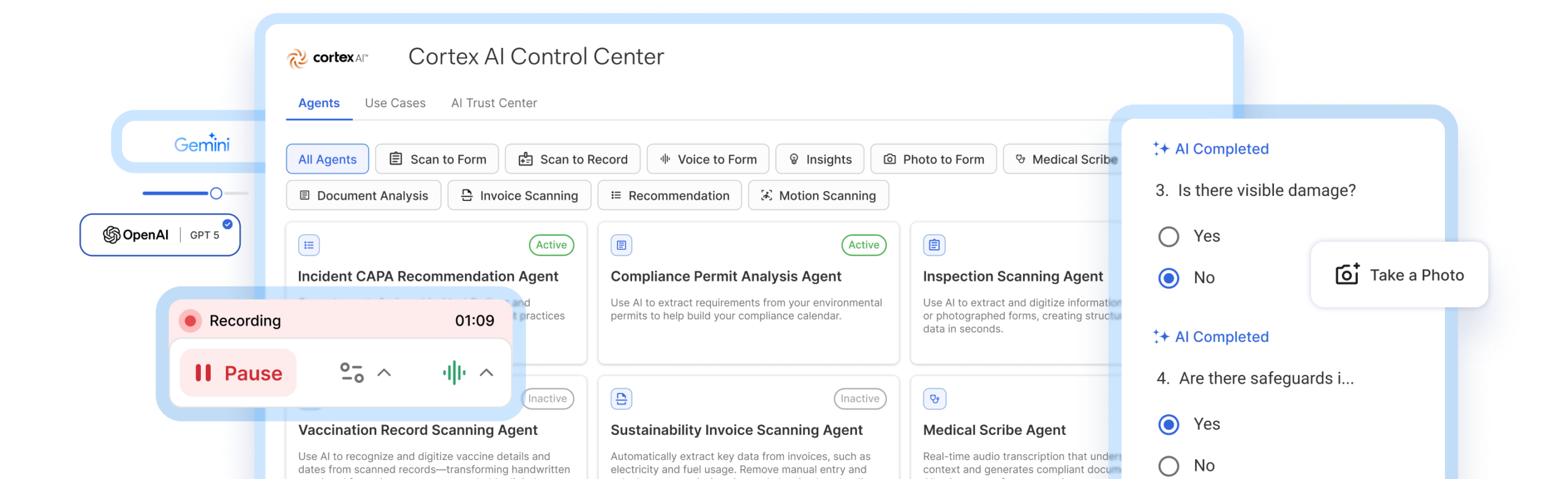A digital interface of the Cortex AI Control Center displays various EHS AI agents, menu tabs, an audio recording widget, and a form question with options to select Yes, No, or Take a Photo.