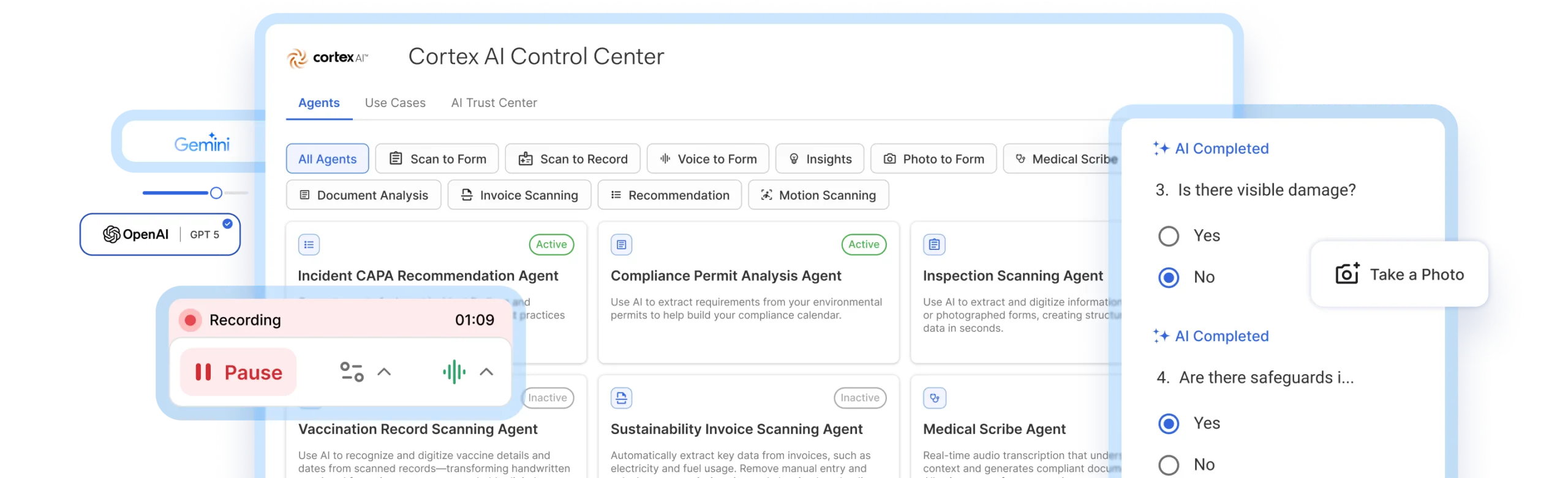 A digital interface of the Cortex AI Control Center displays various EHS AI agents, menu tabs, an audio recording widget, and a form question with options to select Yes, No, or Take a Photo.